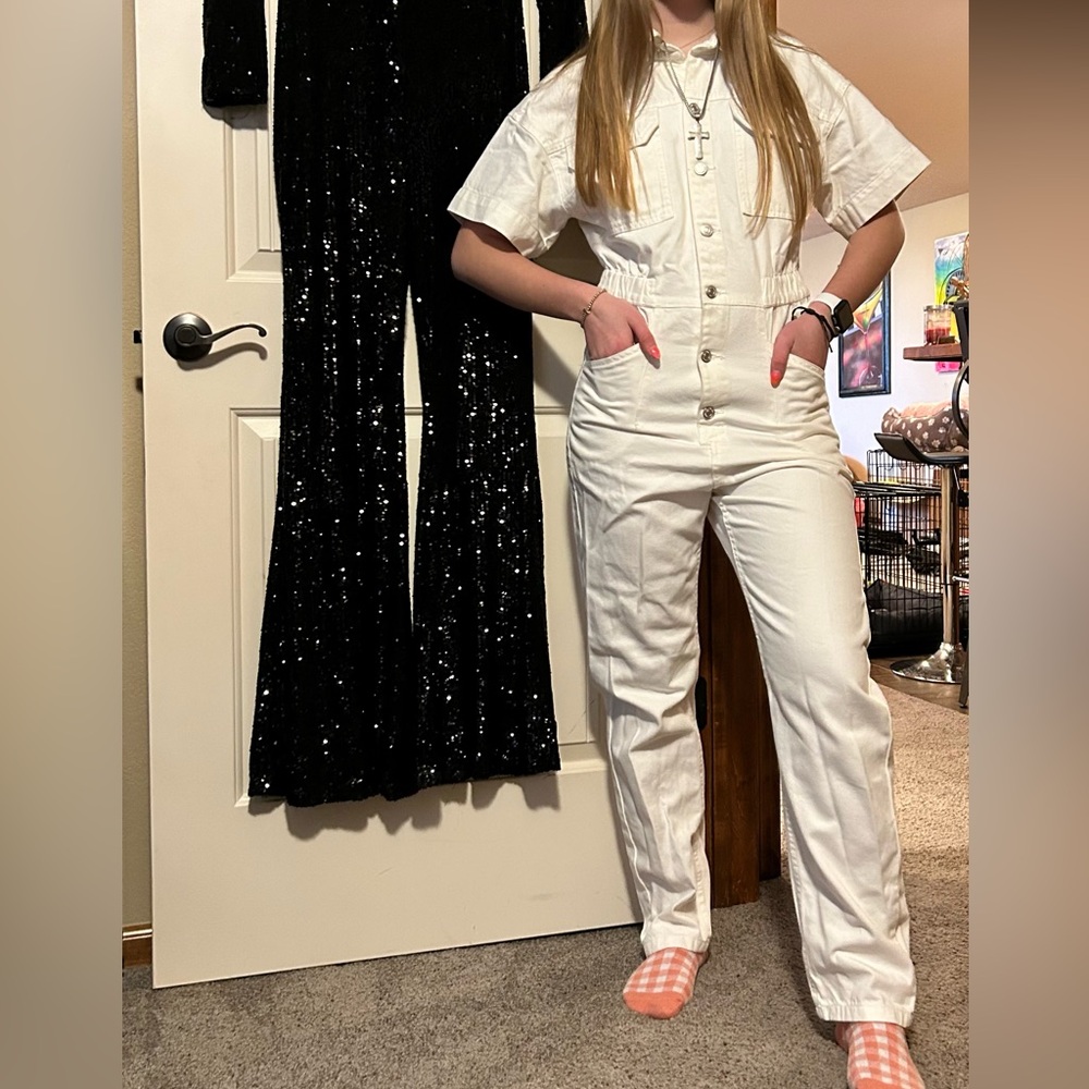 Free People White Utility Button-Front Jumpsuit small